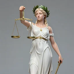 a full body portrait of themis the greek goddess, holding the scale of justice!! wearing a laurel wreath, extremely beautiful, precise anatomy, by artgerm and by greg rutkowski and by alphonse mucha and by simon bisley, radiant light, detailed and intricate environment