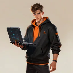 a triple a game concept art of a young tall handsome hacker in a black - orange hoodie holding a portable futuristic computer, art by cushart krentz and greg rutkowski, elegant, front view, male person concept art, sharp focus, morandi color scheme, fantasy style, illustration, high quality, digital art, hyperrealism, octane render, commission art
