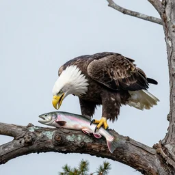 white tailed eagle eating a salmon on top of a tree award-winning shot