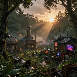 a steampunk village in a forest at sunset, suns rays, rain, lush vegetation, junk everywhere, neon signs, magical atmosphere, mist, photo realistic, 35mm, octane render, 8k, guido borelli da caluso