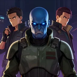 centered mid ground full face portrait of an angry soldier with glowing blue eyes, a bald head and blue skin, rogue trooper, cyberpunk dark fantasy art, gta 5 cover, official fanart behance hd artstation by jesper ejsing, by rhads, makoto shinkai and lois van baarle, ilya kuvshinov, ossdraws