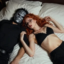photograph of a beautiful sexy seductive slim redhead woman with glasses lying on a big bed next to a man wearing an occult mask