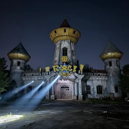 Long abandoned Pokemon theme park at night, illuminated by flashlights, hi-res photograph