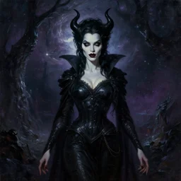 Elvira as a cosmic super villain, dark oil painting by crypt keeper
