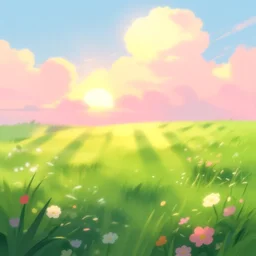 green lush Field with beautiful flowers, aesthetic, calming, pink and yellow clouds in the sky, brightly illuminated by rays of sun, Clouds backlit by the sun, sunset ,artstation, colorful sylvain sarrailh illustration, by peter chan, day of the tentacle style