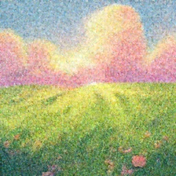 green lush Field with beautiful flowers, aesthetic, calming, pink and yellow clouds in the sky, brightly illuminated by rays of sun, Clouds backlit by the sun, sunset ,artstation, colorful sylvain sarrailh illustration, by peter chan, day of the tentacle style