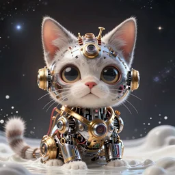a beautiful intricate fine art portrait photo of a a mechanical industrial steampunk cybernetic cute cat with large eyes against galactic space, soft backlight, by tom bagshaw and zach sutton, perfection!, milk bath photography, studio lighting, 3 5 mm lens, very detailed, bionic, cybernetic scifi, deep depth of field, artstation, 8 k, highly coherent