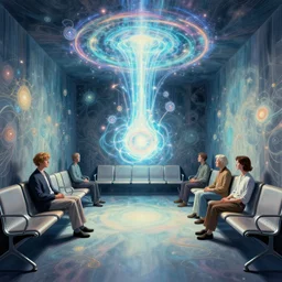 highly detailed optical illusion of an dmt waiting room filled with magical energy by edmund dulac and android jones