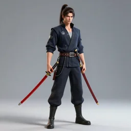 chad cyborb, with ponytail, sigma male, with a red katana, fullbody, professional photography, octane render