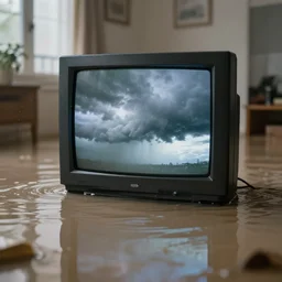 flooded apartment, crt tv with storm clouds on the screen - 4
