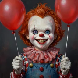 grunge cartoon painting of chucky with a wide smile and a red balloon by chris leib, loony toons style, pennywise style, corpse bride style, horror theme, detailed, elegant, intricate