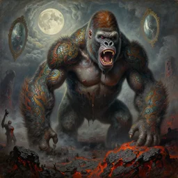concept art of giant gorilla, lava rocks, lovecraftian, renaissance, roaring, melting horror, round moon, rich clouds, fighting the horrors of the unknown, mirrors, very detailed, volumetric light, mist, grim, fine art, decaying, textured oil over canvas, epic fantasy art, very colorful, ornate scales, anato finnstark