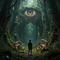 by oka yasutomo and anna dittmann, visually stunning, cinematic, ultra realistic, hyper realism, 1 2 k, epic, octane render, unreal engine, vfx, maya, centered full body, ultra complex world in a box in the dark, liminal space, ancient forest, 🦀👁 stranger in a strange place 👁🦀