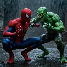 spider - man getting shoked by green goblin, dark, gothic, atmosphere, heavy rain fall, photorealism