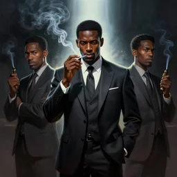 pulp magazine illustration of a black man in a suit smoking, cinematic view, dynamic lighting, volumetric lighting, mysterious highly detailed, smooth, digital painting, symmetrical, art by vincent di fate, kehinde wiley, artem demura, frazetta