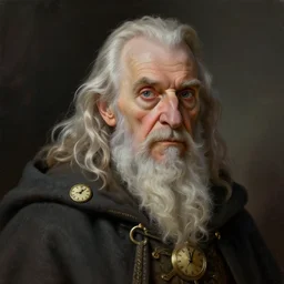Portrait of an elderly wizard wearing a cloak with clock iconography, detailed face, fantasy, highly detailed, cinematic lighting, digital art painting by greg rutkowski