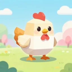 logo for an android game about a fat low poly cube chicken in a beautiful pastel res background