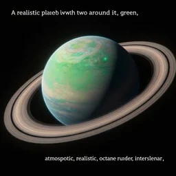 “A realistic planet with two rings around it, green, atmospheric, realistic, octane render, interstellar,”