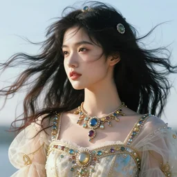 a beautiful black haired young princess, adorned with precious stones by jeremy mann and alphonse mucha, photo realistic, dynamic lighting, windy, artstation, poster, dreamy, volumetric lighting, ethereal, 4 k, high detail