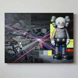 grafiti, futuristic fine lasers tracing, futuristic japan rural nature touring and ceramics, steven meisel, kaws, rolf armstrong, mondrian, kandinsky, perfect geometry abstract acrylic, octane hyperrealism photorealistic airbrush collage painting, dark monochrome, fluorescent colors, minimalist rule of thirds, eighties eros