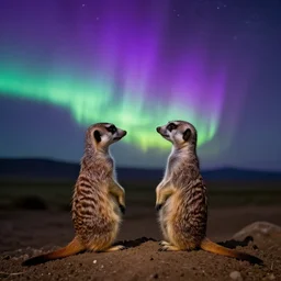 a national geographic photo of a meerkat, standing on a small mound, looking at a purple aurora borealis in the distance.