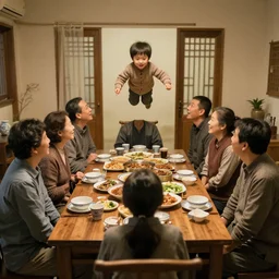 an image of a large traditional family sitting around the table for dinner but one of the kids is floating above the table, perfect faces