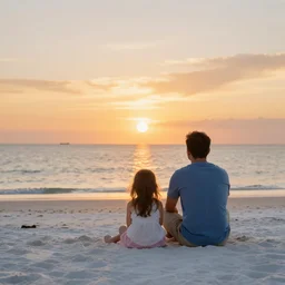a man with his daughter and wife sitting on a white sand beach watching the sunset, highly detailed photograph high definition