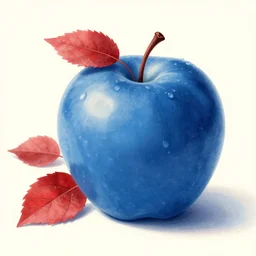 a blue apple, next to two red leaves