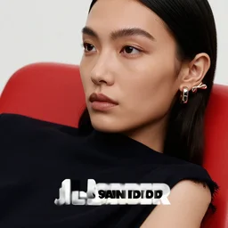 close up of face of fashion model sitting on red chair, official jil sander editorial