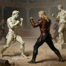 geralt of rivia, wearing a brown leather jacket and black trousers, is sparring with his friends, in a dusty arena, by michelangelo, in a mixture of both painting and sculpture