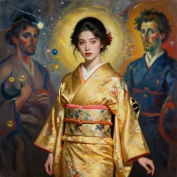 beautiful girl in golden kimono, cinematic light, fresco by michealangelo, wasili kandinsky, peblo pocasso, epic, dramatic, liquid oil painting, acrylic, unreal engine, 3 d render, hypperrealistic, 7 0 mm photography, kodak xtra 4 0 0, electrons flying in the sky,