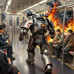runs away from men on the subway, composition futuristic, warhammer, cyber japan armor, more scars,, fire storm, thunderstorm, the middle ages, highly detailed, artstation, moebius, jugendstil and classic japanese print, art by kenton nelson