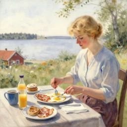 hot blonde woman making egg and bacon breakfast, swedish countryside, seaview, morning, calm, watercolor painting by vladimir volegov, carl larsson, anders zorn