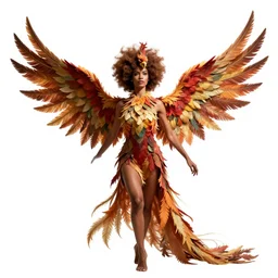 afro-haired phoenix rising, photorealistic portrait photography, full body, standing, isolated on a pure white background, centered, whole figure in frame, sharp focus, studio lighting