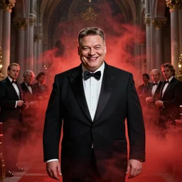 hyper realistic portrait of satanic viktor orban in tuxedo with evil smile in a monastery interior, red mist, gorgeous lighting by kim jung giu weta studio, mucha, bautista and norman rockwell and greg rutkowski and tom bagshaw and james gurney and lucasfilm