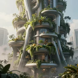 close up view of a futuristic building with biophilic architecture by koichi takada, solarpunk, cinematic, dramatic lighting, hyperrealism, volumetric, misty, beautiful, unreal engine 5 highly rendered, 8 k