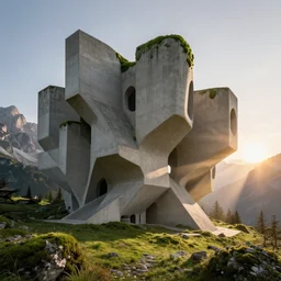 sci - fi concrete brutalist architecture in the italian dolomites, zaha hadid, beksinski, photoreal, highly detailed, 8 k, hd, vray, artstation, trending on behance, cinematic matte painting, extreme detail photo quality, green moss, sunrays, sunset, featured on behance