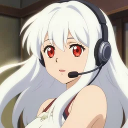anime film still portrait of a japanese young woman, large, red eyes!!!!, long, white hair!!!!, wearing a headset in her room interior, detailed facial features, dynamic pose, cute face by ilya kuvshinov, makoto shinkai studio ghibli, anime poster, rimlight, cel shaded, 4 k