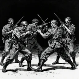 Black Light Poster Soviet Chinese Yasushi Nirasawa Style Zombie Soldiers Fight US German Military Syd Mead Style Robots, hyperrealistic, octane render, HDR, IG Studios Anime Style