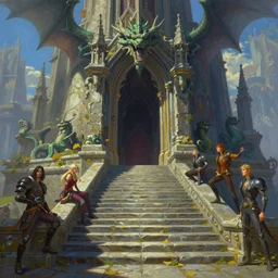 matte glossy painting of stone steps fantasy leading do a gothic dragon statue portal, artstation by emilia dziubak, will terry, greg olsen, chris mars, ann long, and mark brooks, gret ritkowski dramatic, architecture, colorful warcraft architecture
