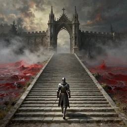 a lonely knight walk on wide stone stepts. a gorgeous landscape painting of a lonely magnificent gothic gate to the hell above the long stepts, by barlowe wayne, maxfield parrish and marco mazzoni, 3 d, octane render, turbulent blood lake, fog, 8 k.
