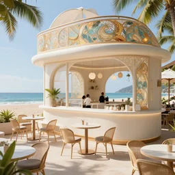 beautiful modern cafe in beach with high detail, architecture, 8 k, stunning detail, works by artgerm, greg rutkowski and alphonse mucha, unreal engine 5, 4 k, 8 k, uhd