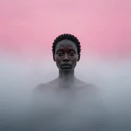 black woman's head rising out of thick fog, halfway submerged, her head has 8 eyes, big pink sky, zdzislaw beksinski, wayne barlowe