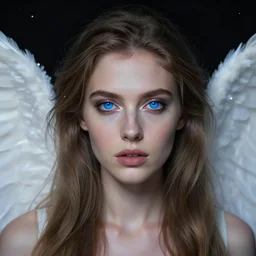 photo self-portrait of a female angel. she looks straight ahead. her deep blue eyes reveal the first light of the universe