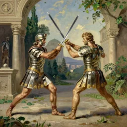 2 roman warriors sword - fighting in ancient rome, intricate architecture, greenery, panorama, oil painting by jacques - louis david