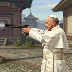 the pope shooting a gun as a game character in gta 5, game graphics, game screenshot