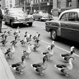 many ducks and geese invading a street in New York in 1970, vintage cars, black and white photo
