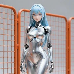 perfect anime cyborg woman, porcelain, aluminium ( desgined by apple ), silver, blue soft details, soft!!, ( ( standing close to an orange metal fence ) ), studio photo, octane render, studio lights, 8 0 mm lens