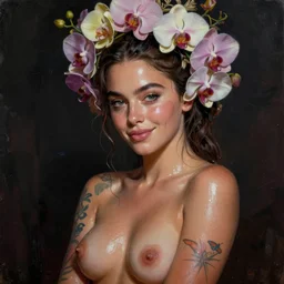expressive oil painting, of emilia clarke, seductive look, smirk, smooth glowing skin, glistening body, love, adoration, sweat, tattoos, ornate headpiece made from flowers orchids, glamour shot, by yoshitaka amano, by greg rutkowski, by jeremyg lipkinng, by artgerm, digital art, octane render, grunge aesthetic