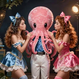beautiful girls flirting with a costumed mascot from Octopus Magic Space Toilet Depot
